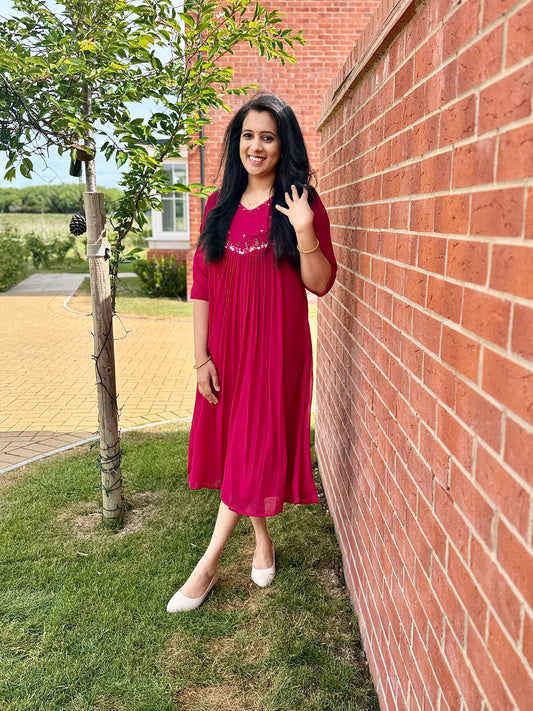 QS422-Magenta Georget pleated Kurta