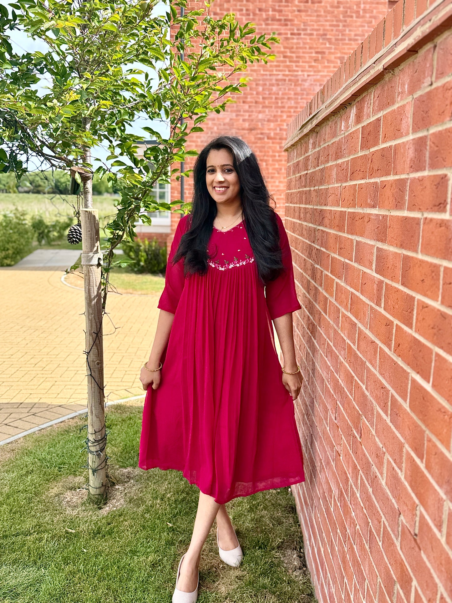 QS422-Magenta Georget pleated Kurta