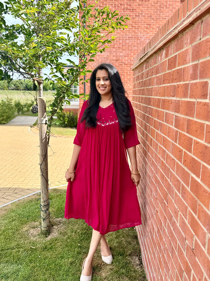 QS422-Magenta Georget pleated Kurta