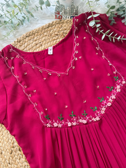 QS422-Magenta Georget pleated Kurta