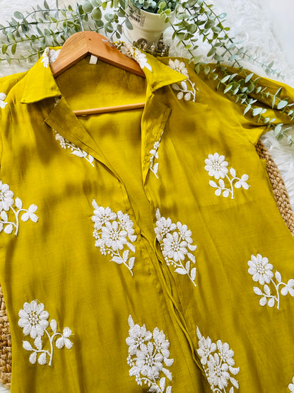 QS437 - Yellow Green Mul Chanderi Overcoat Kurta