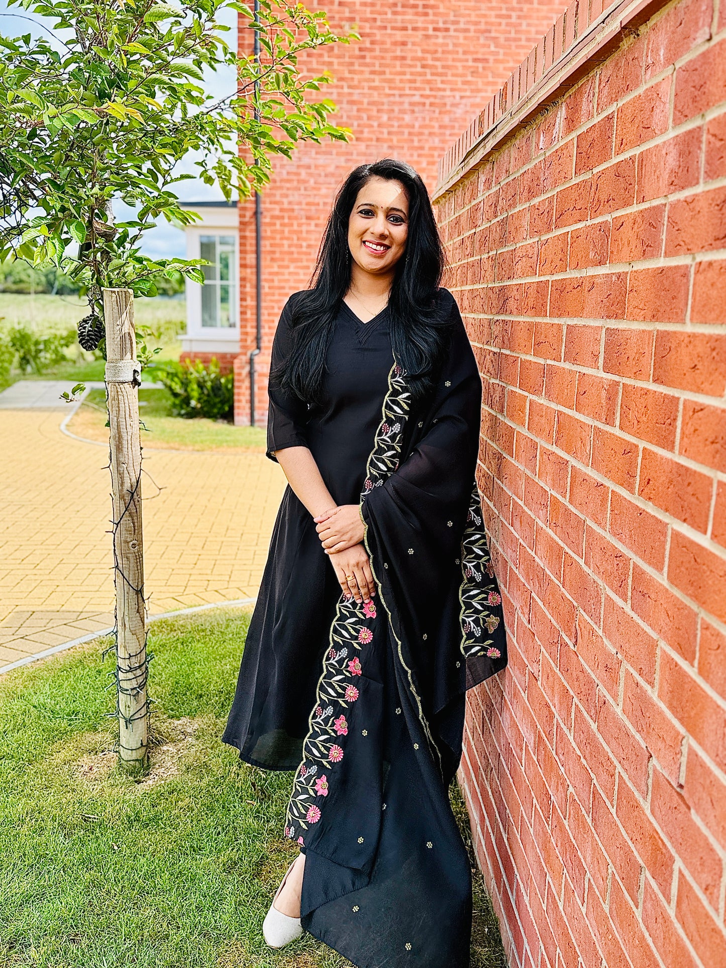 QS334 Black Mul Chanderi Top & Dupatta Set