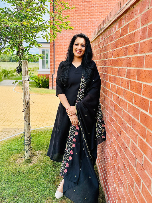 QS334 Black Mul Chanderi Top & Dupatta Set