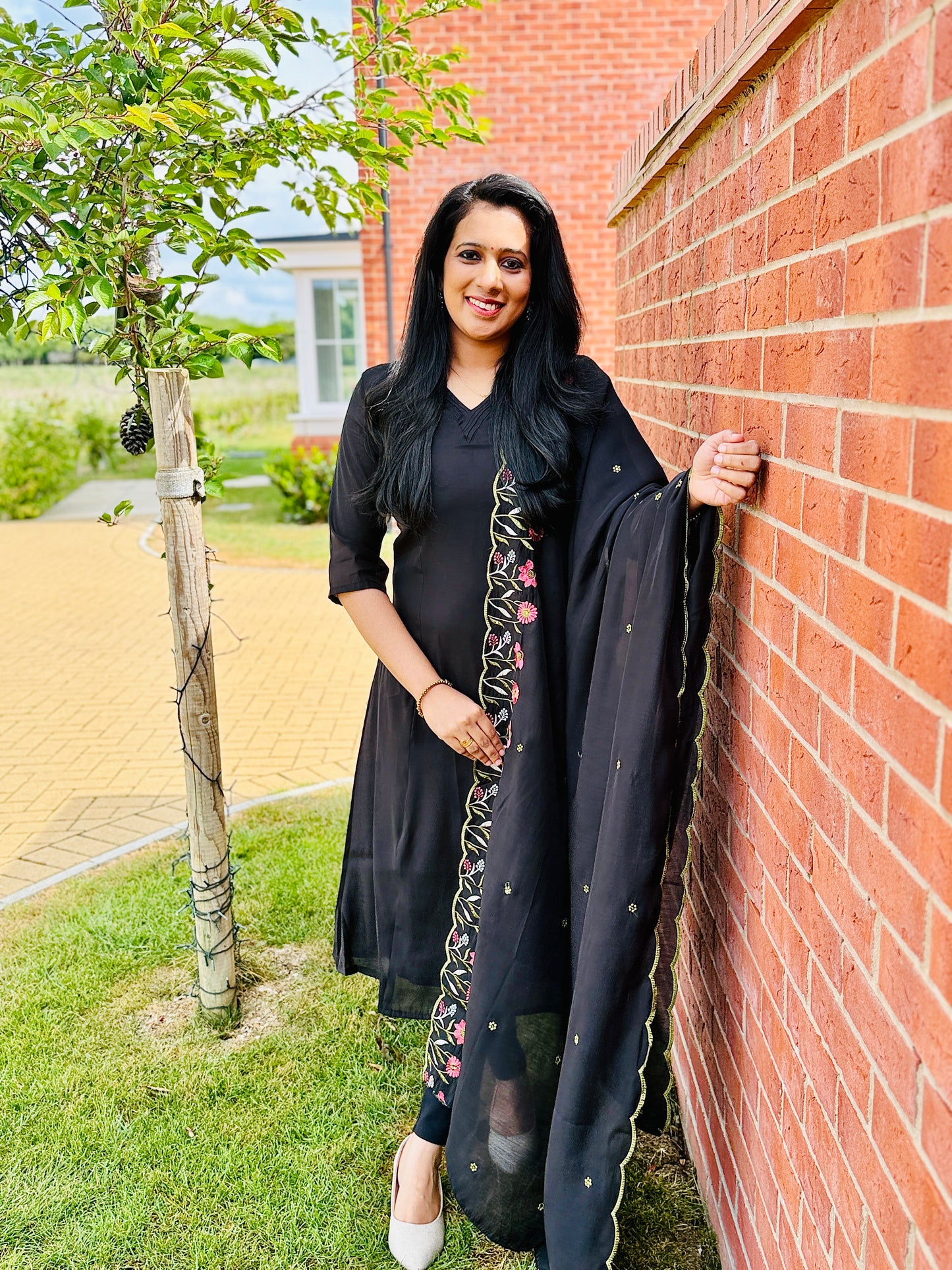 QS334 Black Mul Chanderi Top & Dupatta Set
