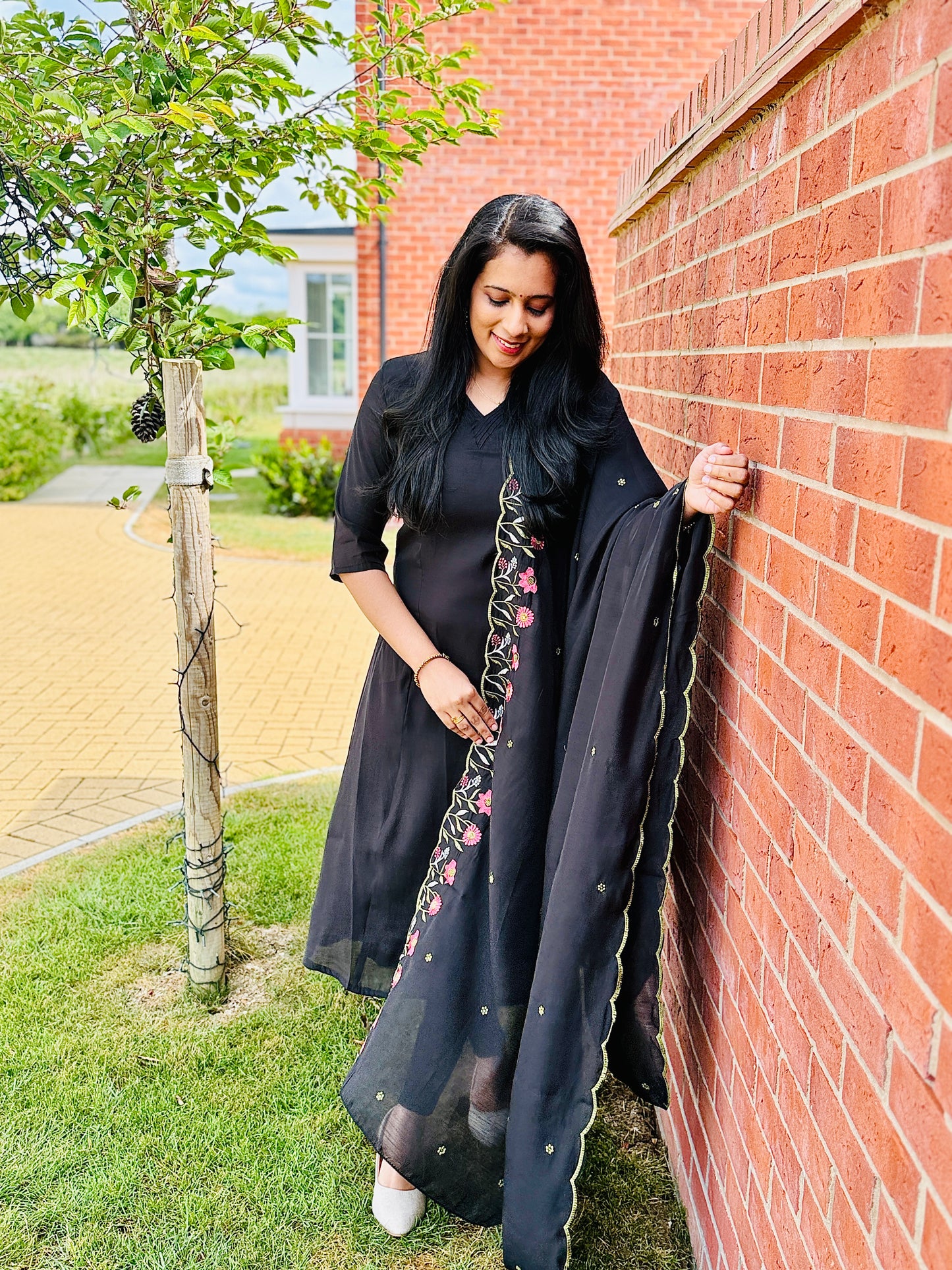 QS334 Black Mul Chanderi Top & Dupatta Set