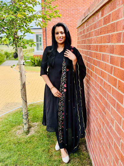 QS334 Black Mul Chanderi Top & Dupatta Set