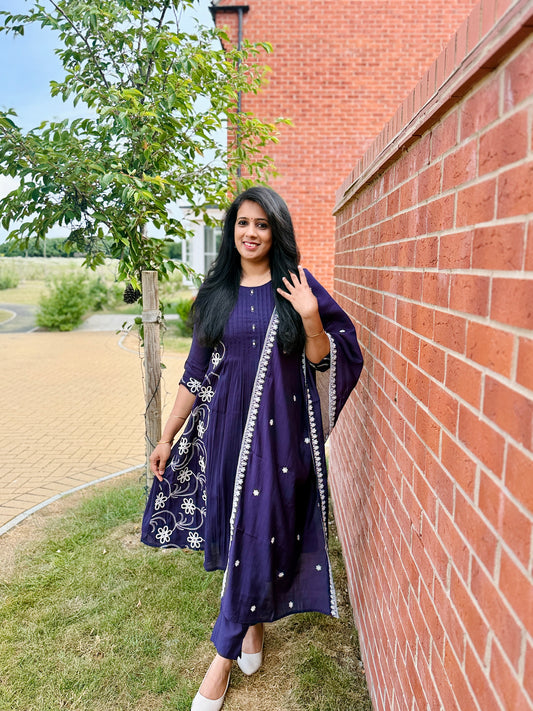 QS610-Mul Chanderi Purple Anarkali Set